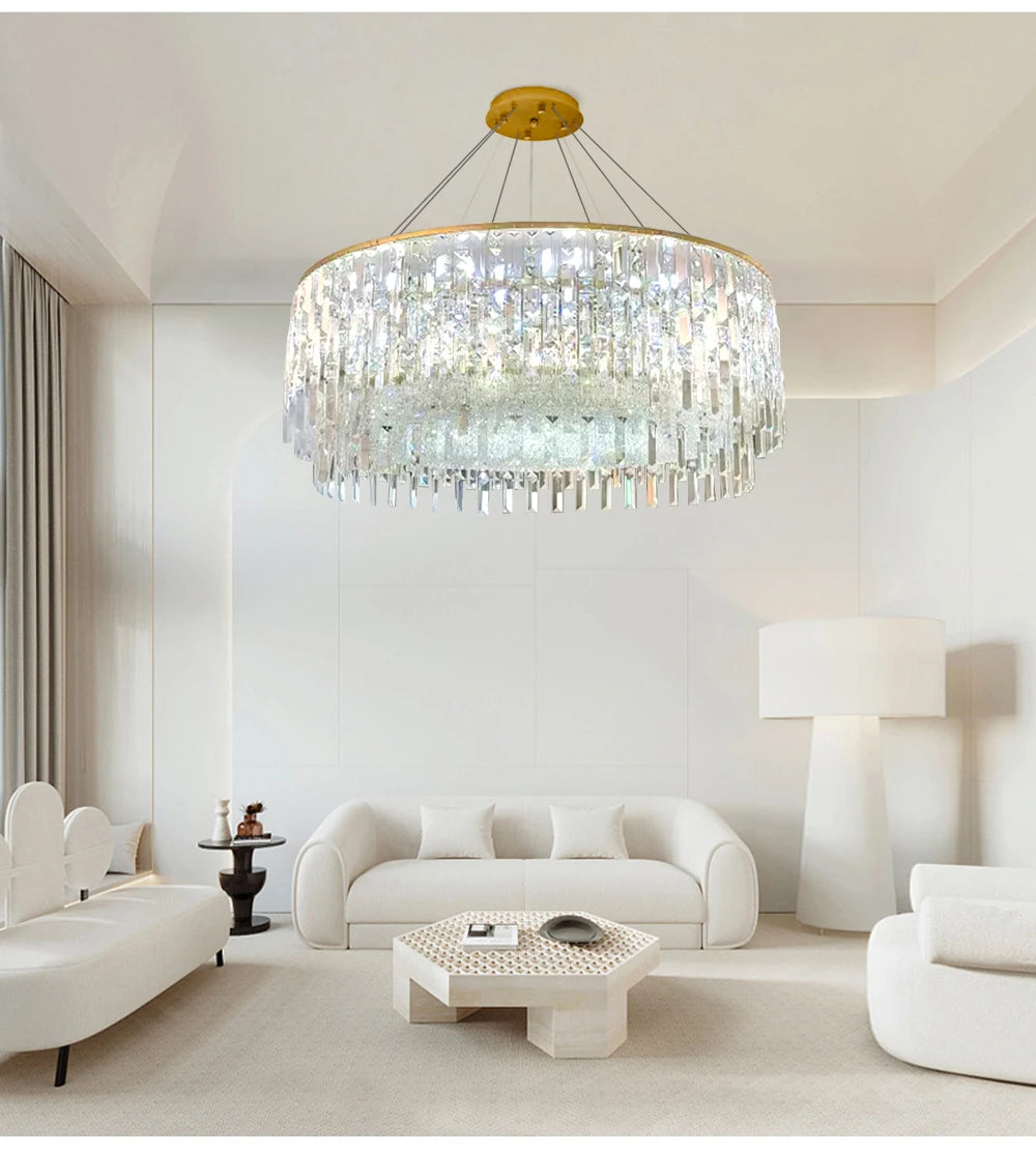 Luxury Crystal Long Pendant Lights Modern Lustres LED Chrome Hanging Lamps for Ceiling Silver Home Decor for Dining Room Remote
