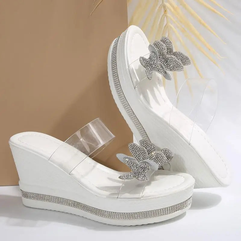 Luxury Silver Glitter Bowknot Slides Transparent Pvc Strap Chunky Platform Wedge Heels Slippers Sexy Party Dress Sandals Size 43