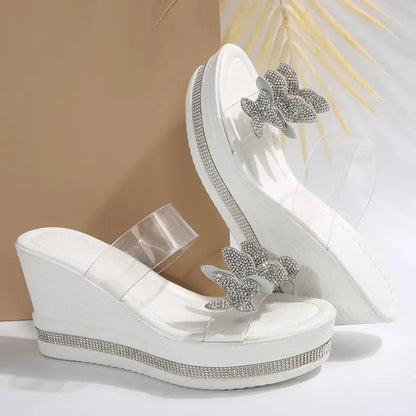 Luxury Silver Glitter Bowknot Slides Transparent Pvc Strap Chunky Platform Wedge Heels Slippers Sexy Party Dress Sandals Size 43