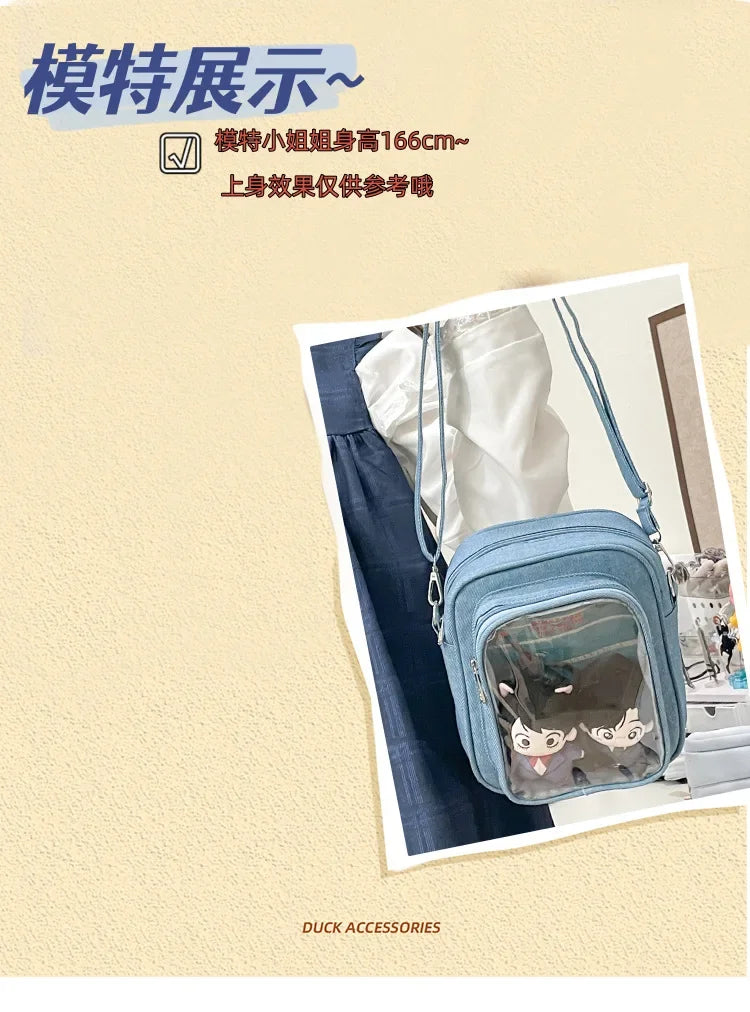 New Denim Ulzzang Ita Bags Female Transparent Badge Doll Show Crossbody Shoulder Bag Individuality Designer 2 Sides Bolso Mujer