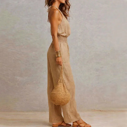 Women Elegant Chiffon Sleeveless Jumpsuit High Waist Pleated Flowy Wide Leg One Piece Overalls Holiday Casual Streetwear Rompers