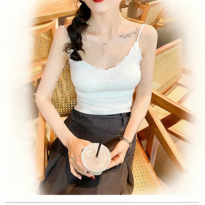 Women Sexy Padded Camisole Lace Back Seamless Tank Top V Neck Spaghetti Strap Vest Breathable Casual Base Layer Underwear