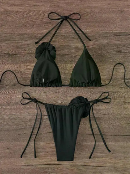 2026 S-L Sexy 3D Flowers Halter Strappy Bikini Women Swimwear Female Swimsuit Two-pieces Bikini Set Bather Bathing Suit Swim