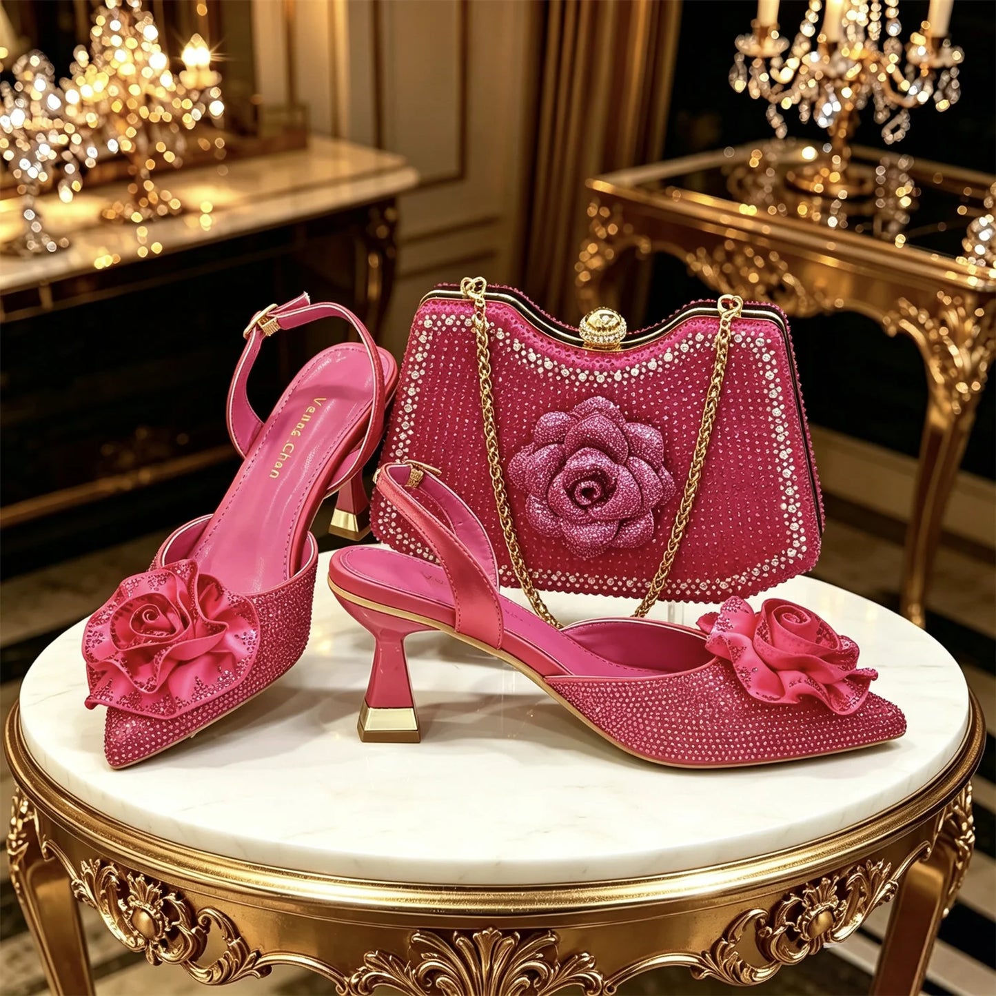 2026 Luxury Green 3D Rose Rhinestone Shoes And Bag Set Women Pointed Toe Slingback High Heels Matching Clutch For Wedding Party