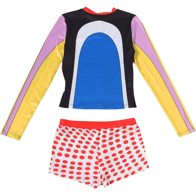 Sisterlinda Trend 2 Piece Set Women Sexy Colorful Print O-Neck Full Sleeve Patchwork T-Shirt+Polka Dot Bike Short Streetwear
