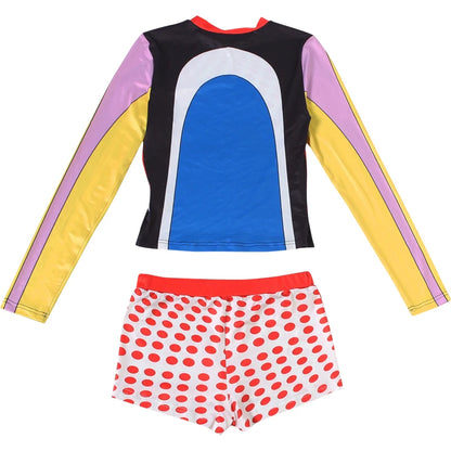 Sisterlinda Trend 2 Piece Set Women Sexy Colorful Print O-Neck Full Sleeve Patchwork T-Shirt+Polka Dot Bike Short Streetwear
