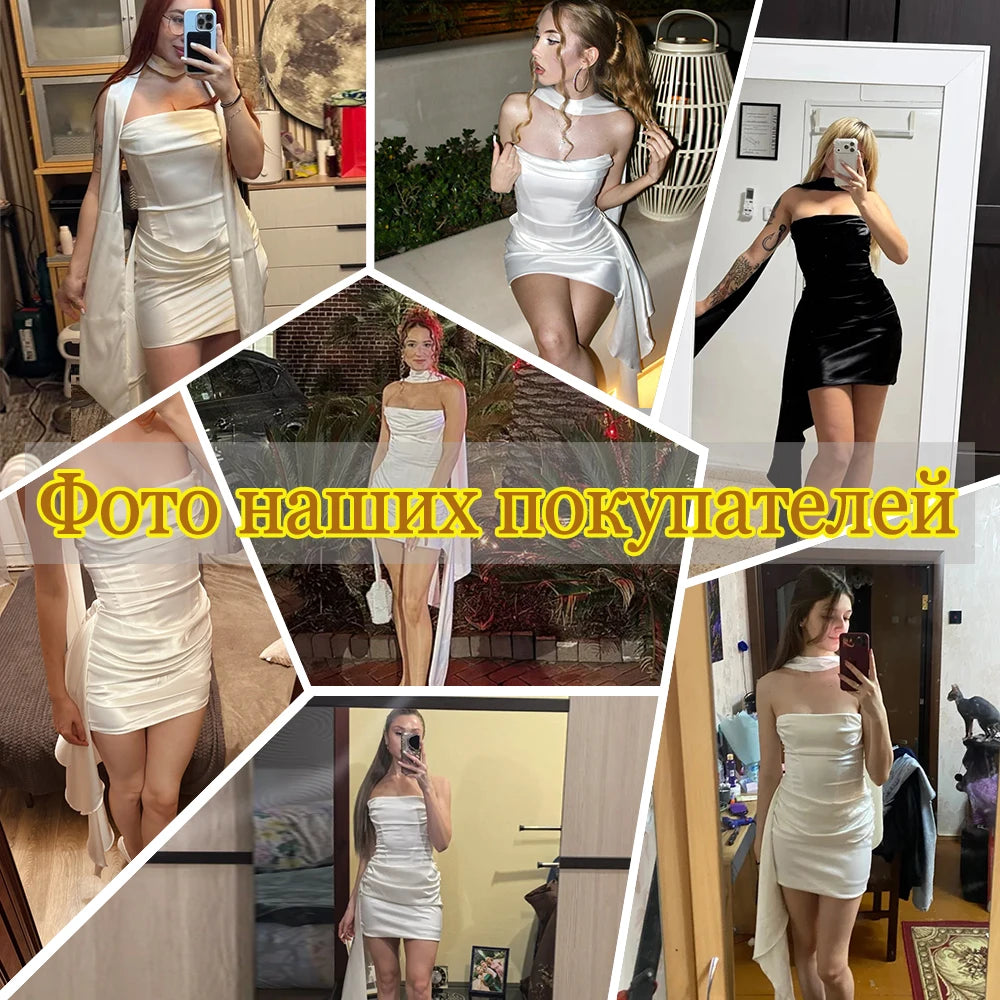 Suninheart Elegant Strapless Corset Dress Sexy White Satin Mini Draped Dress with Scarf Women Cocktail Party Dresses