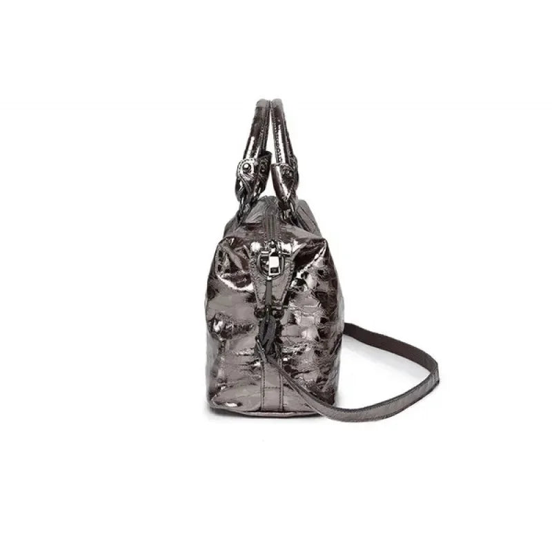 Real Leather Shiny Tote Handbags For Women Fashion Genuine Cowhide Leather Metallic Lady Bags With Shiny Embossed Coating