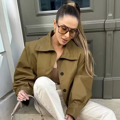 HXAO Women's Jackets Brown Pleated Jacket Spring Summer 2025 Cropped Bomber Button Long Sleeve Coats Outerwears Aviator Jackets