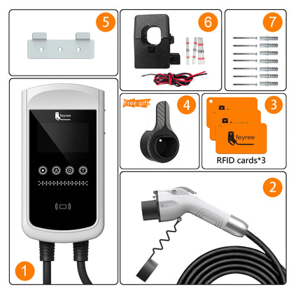 Feyree GB/T EV Charger 7.6kw 32A Dynamic Load Balancing Wallbox 4.3inch LCD Wifi APP Charging Log 11KW 22KW 3P Charging Station