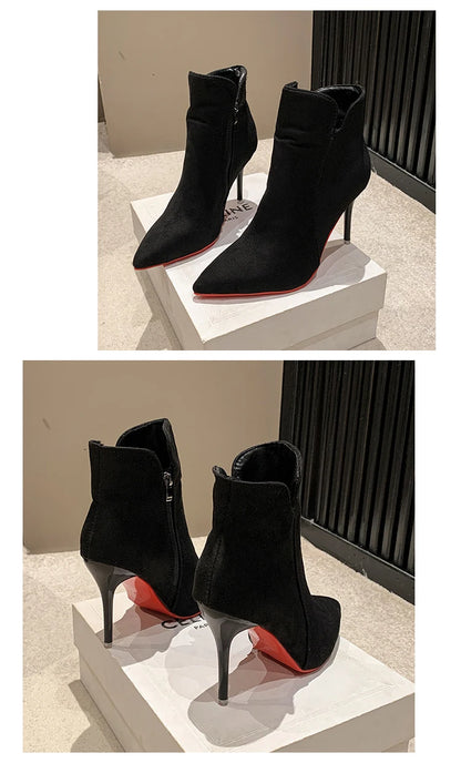 Aphixta 10cm Stilettos Winter Red Heels Zip Warm Black Ankle Boots Women Flock Footwear Shoes Women Super Big Size 47 48 49 50