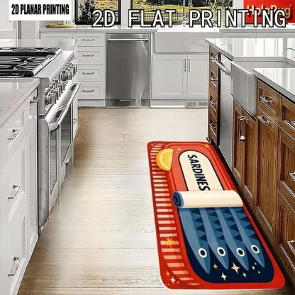 Retro Sardine Can with Lemon Print Kitchen Mat, Non-Slip Washable Durable Runner Rug for Kitchen & Coastal Themed Home Decor