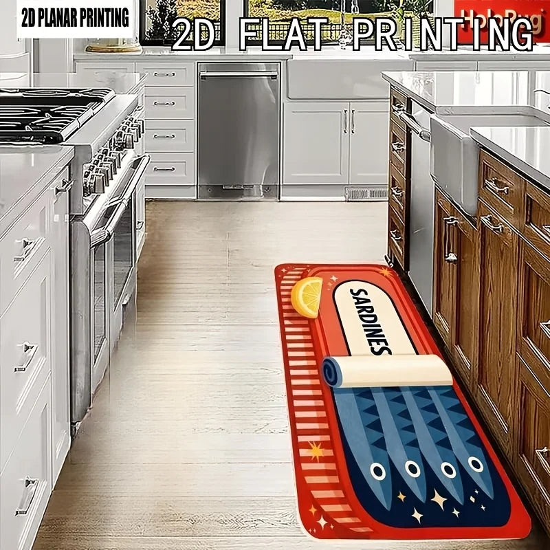 Retro Sardine Can with Lemon Print Kitchen Mat, Non-Slip Washable Durable Runner Rug for Kitchen & Coastal Themed Home Decor