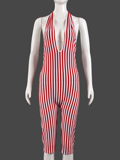 Weird Puss Stripe Print Playsuit Women Sleeveless Backless Halter Bandage Skinny Sexy Clubwear Activity Fitness Workout Romper