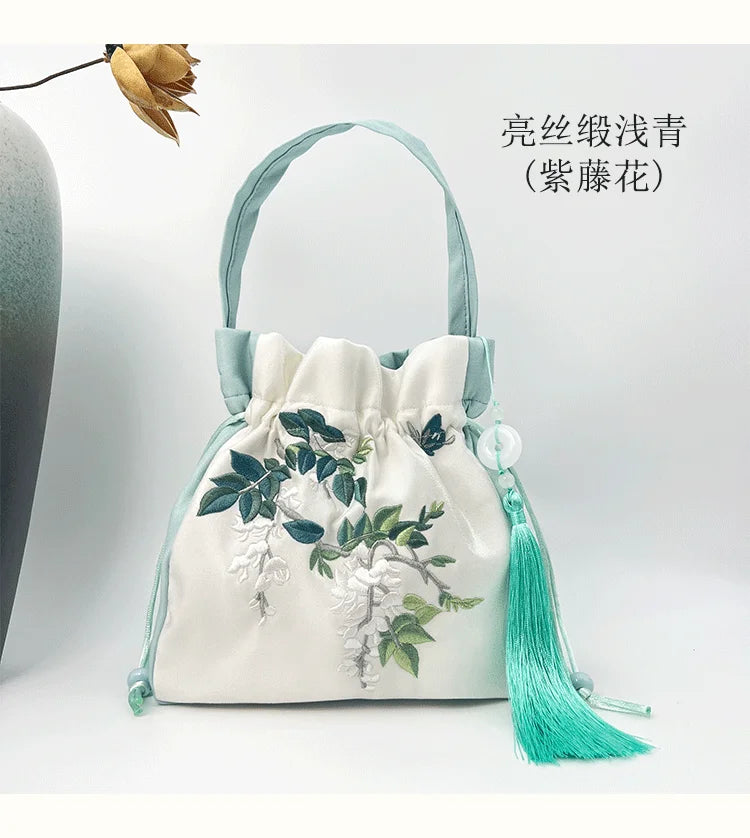 Chinese Style Retro Flower Embroidery Crossbody Top-handle Bags Women Shoulder Lace Drawstring Bucket Bag Coin Purses Handbags