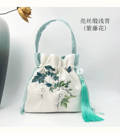 Chinese Style Retro Flower Embroidery Crossbody Top-handle Bags Women Shoulder Lace Drawstring Bucket Bag Coin Purses Handbags