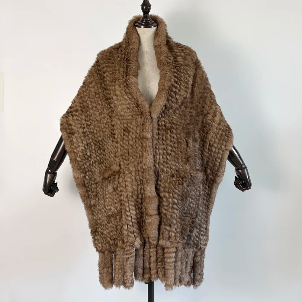 Winter Women Fashion Real Rabbit Fur Shawl 100% Natural Quality Rabbit Fur Scarf Female Hand Knitted Rabbit Fur Poncho Scarves