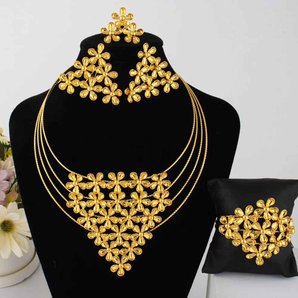 Fashion Silver Gold Color Hollow Shape Necklace Earrings Bracelet Ring Set for Women Exaggerated Design Jewelry Gift for Party