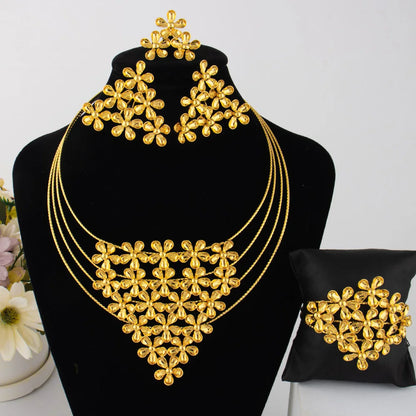 Fashion Silver Gold Color Hollow Shape Necklace Earrings Bracelet Ring Set for Women Exaggerated Design Jewelry Gift for Party
