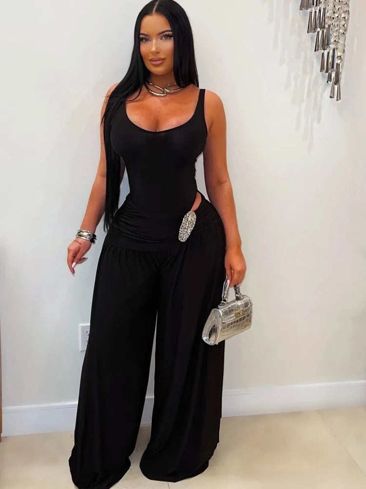 Beyprern Sexy Ruched Wide Leg Jumpsuit Women Elegant High Waist Sleeveless One Piece Outfits Summer Loose Floor Length Rompers