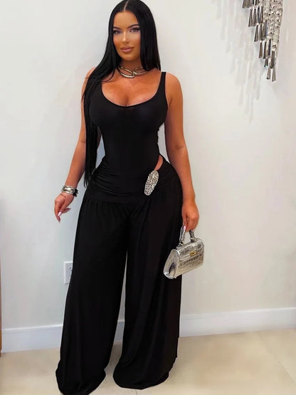 Beyprern Sexy Ruched Wide Leg Jumpsuit Women Elegant High Waist Sleeveless One Piece Outfits Summer Loose Floor Length Rompers