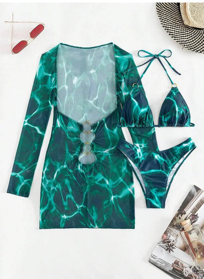 3 Piece Bikini Set Women Swimsuit Halter Cutout Metal Ring Mesh Cover Up Beach Dress Swimwear Bathing Suit