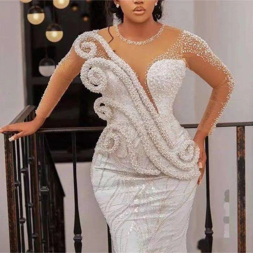 Customized Fashion Design Beaded Pearls Mermaid Wedding Dress Luxury 2026 Sheer Neck Chapel Train Mermaid Bride Dresses W1527
