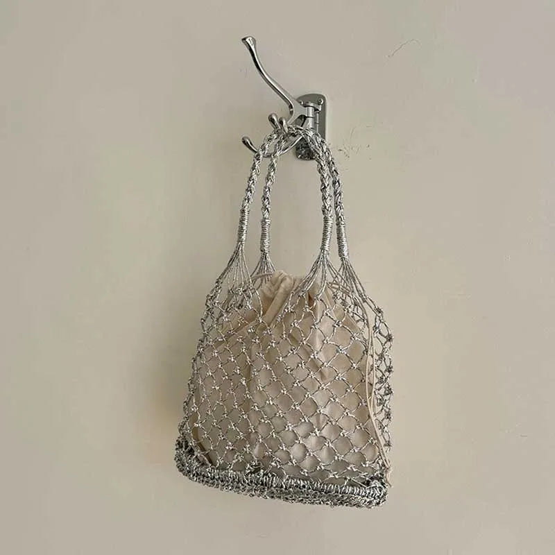 Hylhexyr Ins New Solid Color Gold and Silver Thread Handmade Weaving Bag Bucket Shaped Fashion Handbag Beach Bags