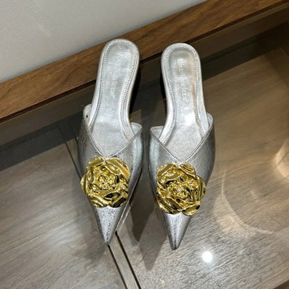 Flower Women Flats Slippers Pointed Toe Elegant Mules Shoes Fad Slingback Sandals 2025 Summer New Luxury Flip Flops Mujer Slides