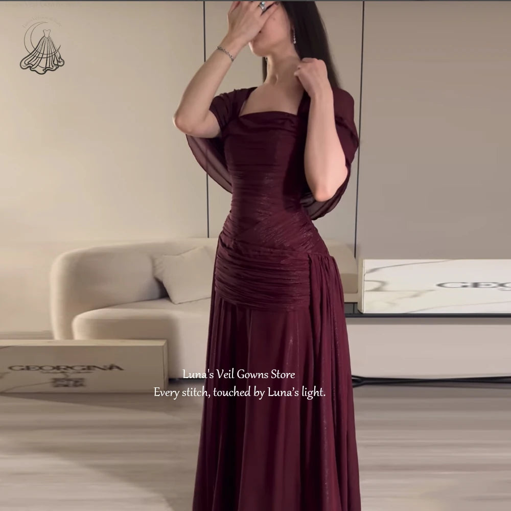 LunaV Square Neck Cape Sleeve Elegant Evening Dress Ruched Chic Robes De Soirée Glam Mermaid Floor Length Prom Dress Custom
