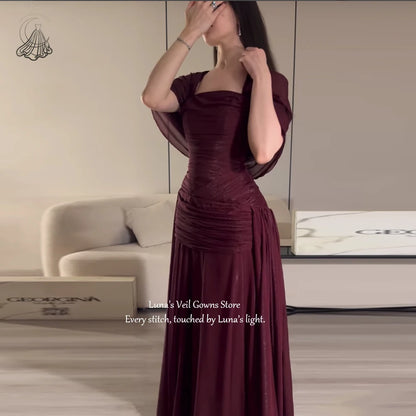 LunaV Square Neck Cape Sleeve Elegant Evening Dress Ruched Chic Robes De Soirée Glam Mermaid Floor Length Prom Dress Custom