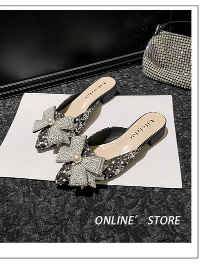 Summer New Shoes for Women Luxury Slipper Outdoor Pointed Toe Pearl Casual Sandals Girl Four Leaf Clover Flat Mules Slides
