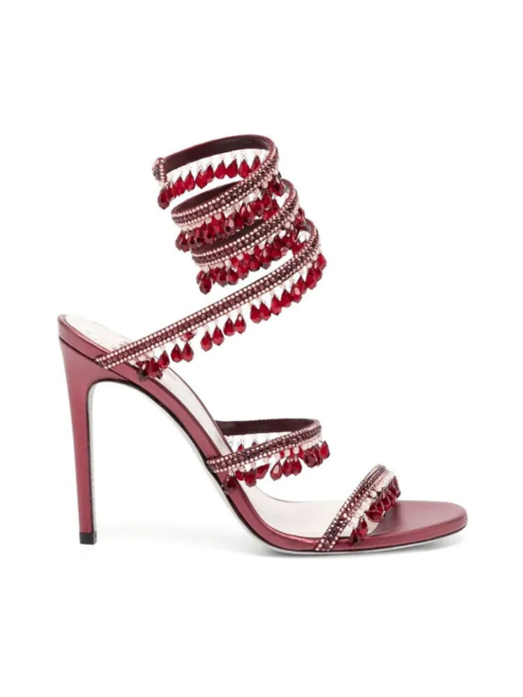 2026Women's New Water Diamond Sandals Fashion Tassel Crystal Shoes Sexy Banquet Party Twin Stiletto Women's Large Sandals