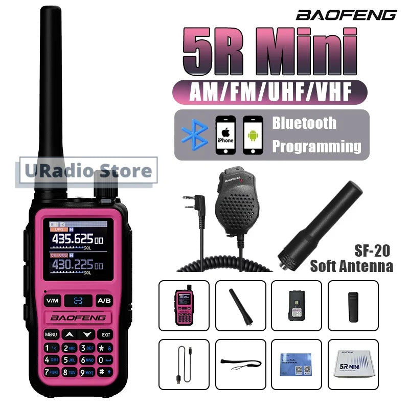 Baofeng UV-5R Mini Walkie Talkie BF-5R Mini Ham Two Way Radio Pink Dual Display USB-C 999 Channel AM For Camping Hiking Hunting