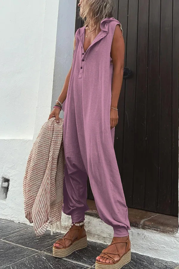Fashionable Sleeveless Hooded Collar Jumpsuit Women Spring Summer Button Pocket Loose Casual Baggy Pants Jumpsuits Female
