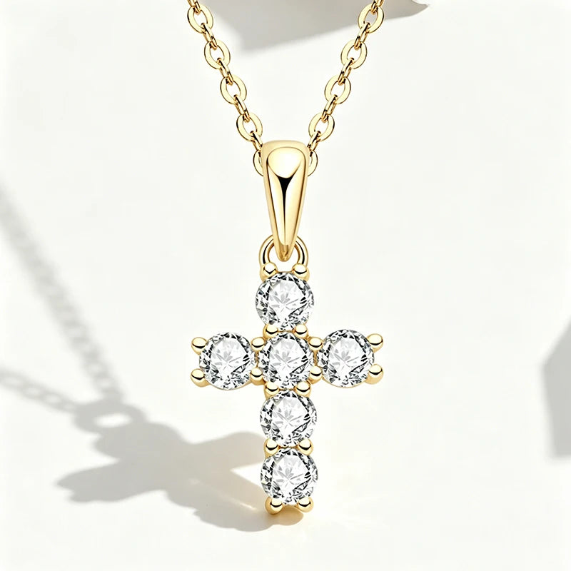 OXTAO 3mm D Moissanite Cross Pendant Necklace for Women Anniversary Gift Fine Jewelry 14K Gold Filled Charm Statement Necklace