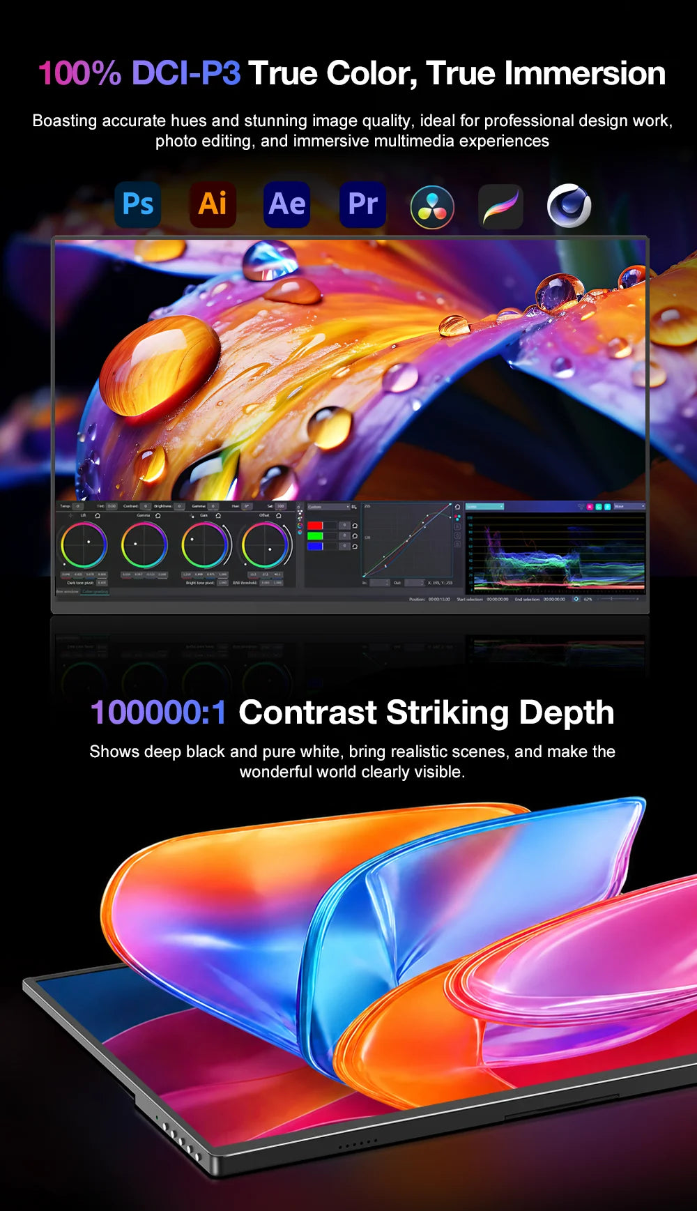 16 Inch 2K 120Hz OLED Monitor 2048×1280 100% Color Gamut VESA Mount External Screen for Laptop PS5 Switch Game Design Office