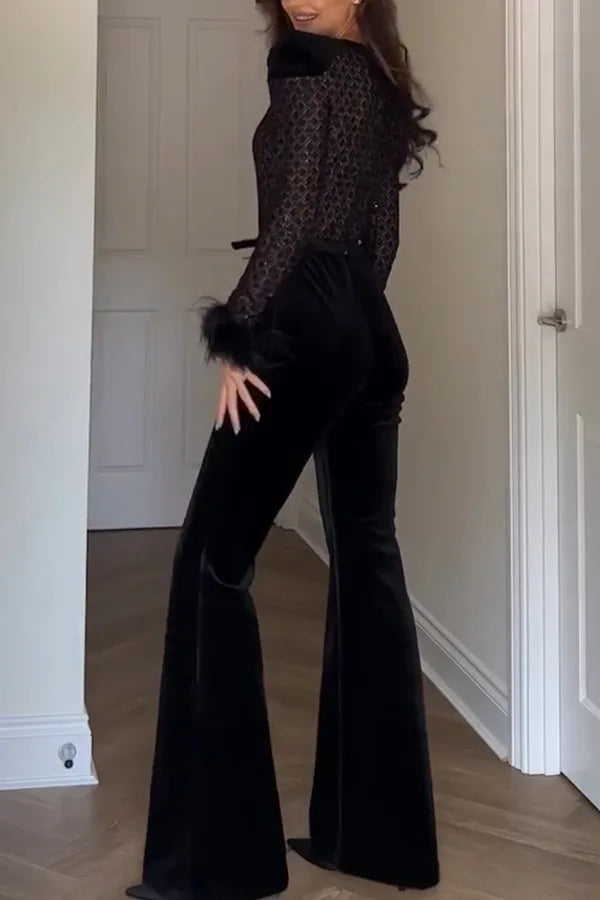 New Women's Fashion Long Sleeve Round Neck Gold Velvet Patchwork Sexy Jumpsuit Ladies Solid Color Slim Fit Jumpsuit For Women