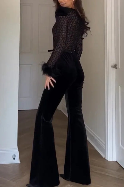 New Women's Fashion Long Sleeve Round Neck Gold Velvet Patchwork Sexy Jumpsuit Ladies Solid Color Slim Fit Jumpsuit For Women