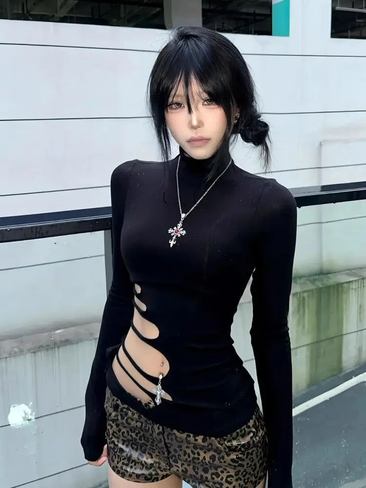 Erwofeina Hotsweet T-shirt Hollow Out Slim Long Sleeve 2000s Clothes Y2k Korean Fashion Woman Clothing Turtleneck Chic  Tops