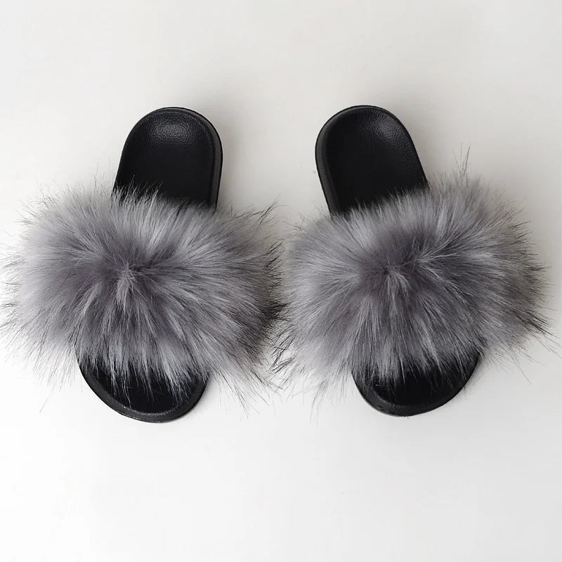 Women's Summer Faux Fur Fox Fur Slippers Fashion Luxury Indoor and Outdoor Non-Slip Solid Color Flat Bottom Furry Sandals