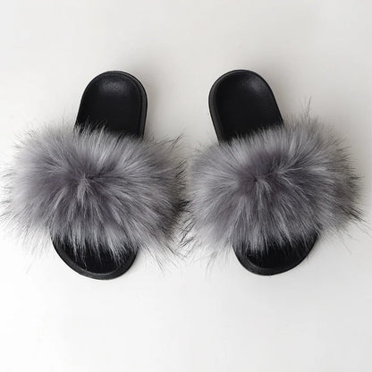 Women's Summer Faux Fur Fox Fur Slippers Fashion Luxury Indoor and Outdoor Non-Slip Solid Color Flat Bottom Furry Sandals