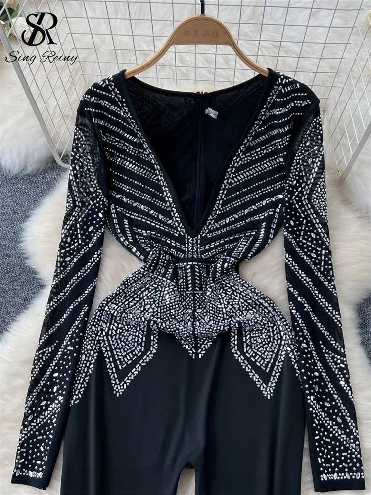 SINGREINY Sexy Senior Bodycon Jumpsuits Women Deep V-Neck Long Sleeves Zipper Diamonds Design Fashion Hotsweet Party Playsuits