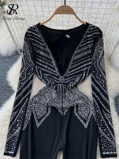SINGREINY Sexy Senior Bodycon Jumpsuits Women Deep V-Neck Long Sleeves Zipper Diamonds Design Fashion Hotsweet Party Playsuits