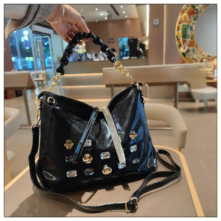 2026 New Fashion Diamonds Women Handbags Genuine Leather Tote Bag Large Capacity Work Commute Leisure Versatile Shoulder Bags