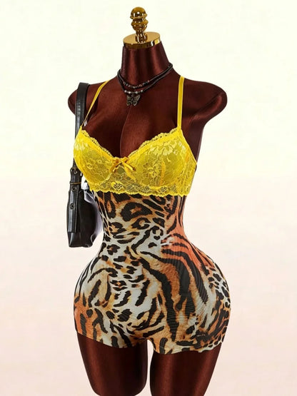HLJ&GG Vintage Flowers Print Mesh Spaghetti Strap Bodycon One Piece Rompers Women V Neck Sleeveless Jumpsuits Fashion Overalls