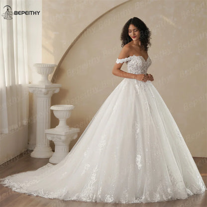 BEPEITHY Customized Princess Off Shoulder Sleeveless Ball Bride Wedding Dresses For Women 2025 Ivory Lace Glitter Bridal Gown