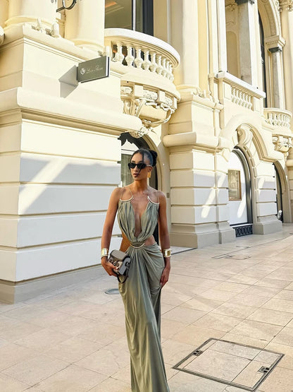 Women's Metal Trim Spaghetti Strap Maxi Dress Sexy Deep V Cutout Waist Crisscross Backless Vestidos Beach Evening Party Gown