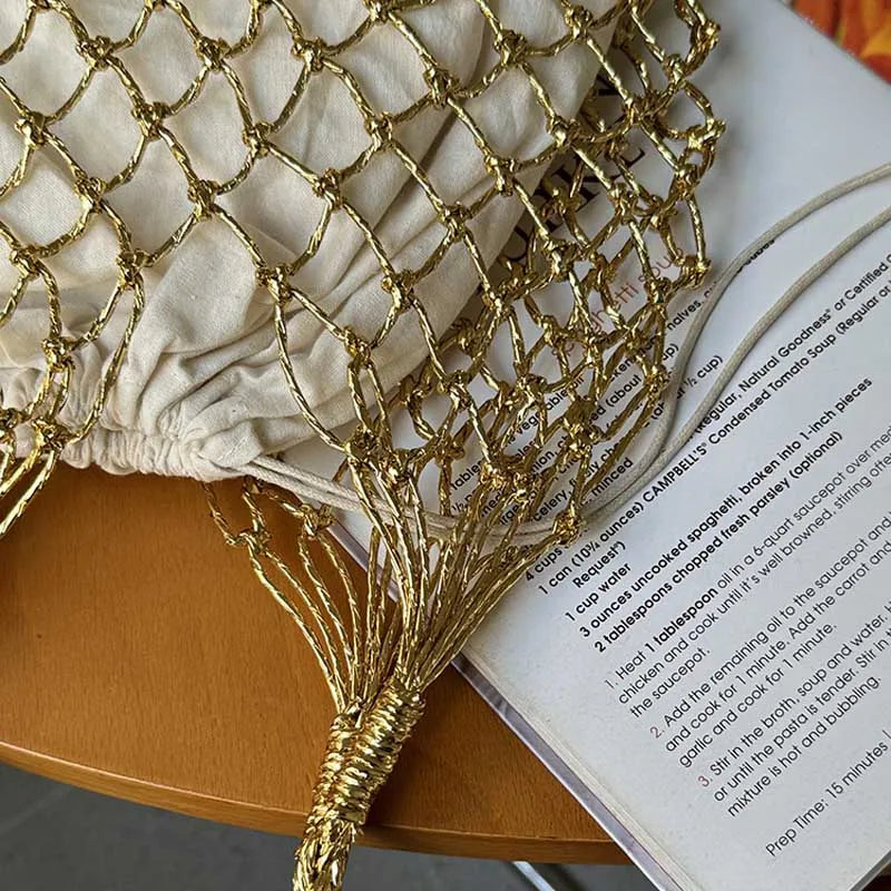 Hylhexyr Ins New Solid Color Gold and Silver Thread Handmade Weaving Bag Bucket Shaped Fashion Handbag Beach Bags