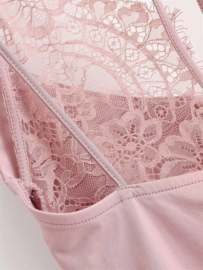 Women's Jumpsuit 2026 Spring New Solid Color Halter Neck Lace Splice Sexy Slim-Fit Romper Personalized Fashion
